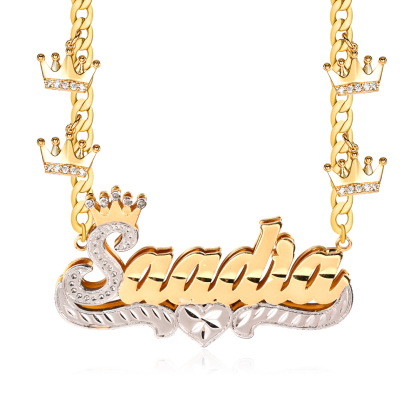 Double Layer Two Tone Crown Heart Nameplate Cuban Chain With Heart Pendants Personalized Custom Gold Plated Name Necklace And Bracelet Set-silviax