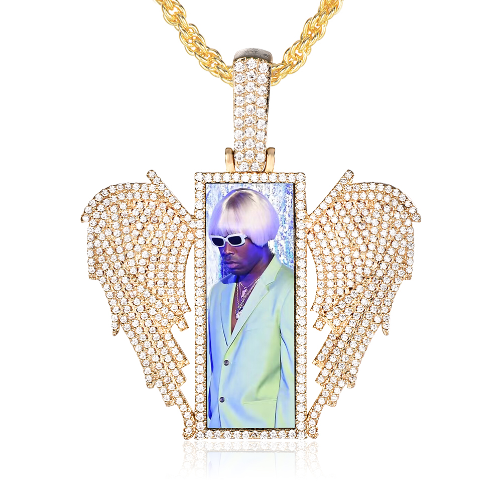 Personalized Zircon Angel Wings Rectangular Shaped Photo Necklace Hip Hop Jewelry