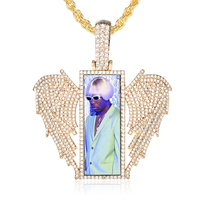 Angel Wings Rectangular Photo Frame Pendant Custom Necklace with Zircon Hip Hop Style-silviax