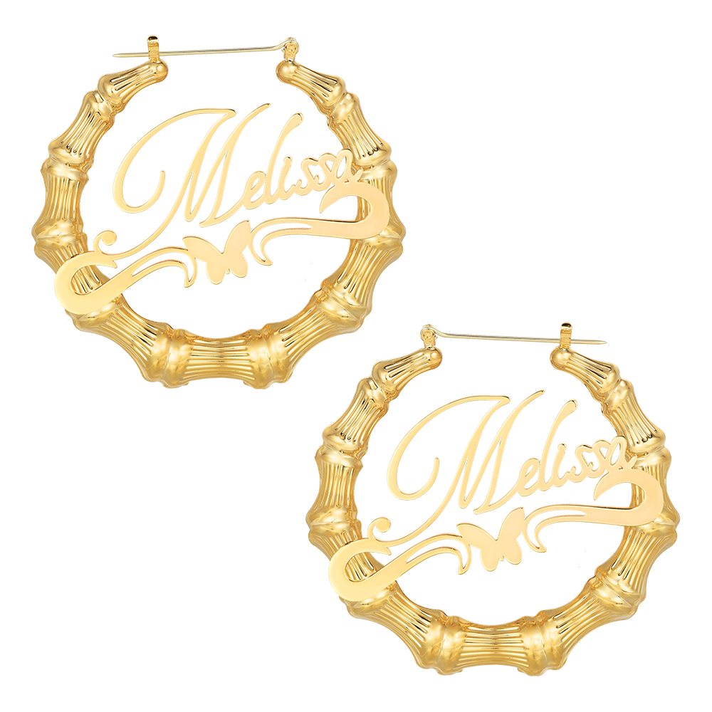 Personalized Custom Gold Plated Underline Butterfly Nameplate Bamboo Earrings-silviax