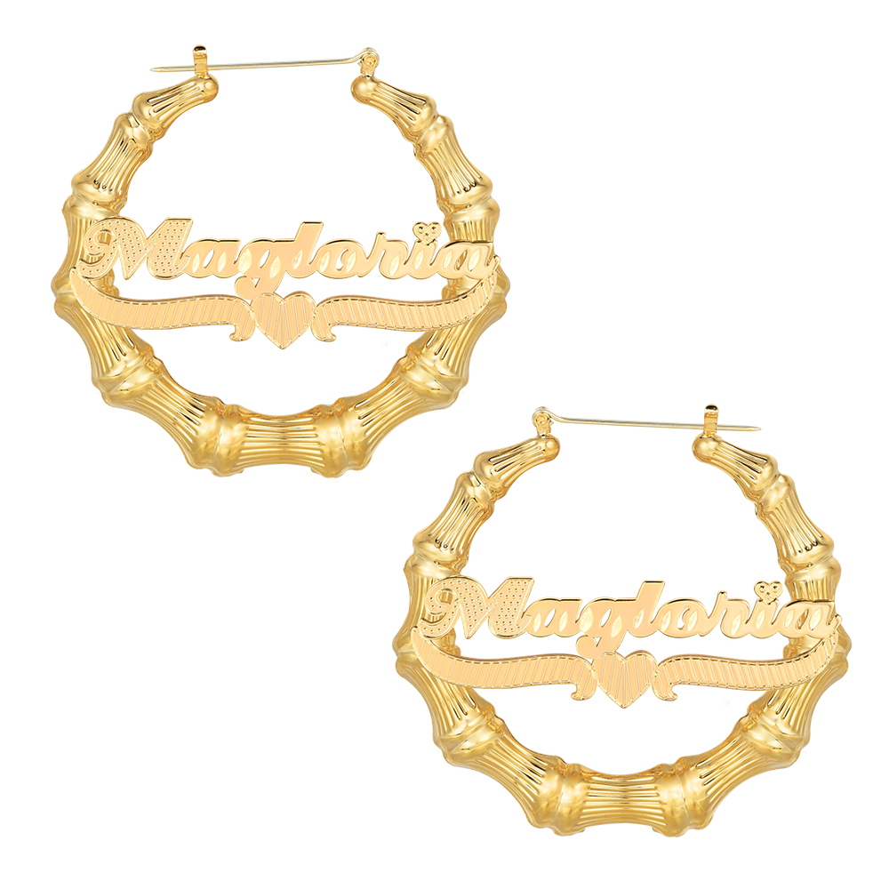 Heart Underline Nameplate Personalized Custom Gold Plated Bamboo Name Earrings-silviax