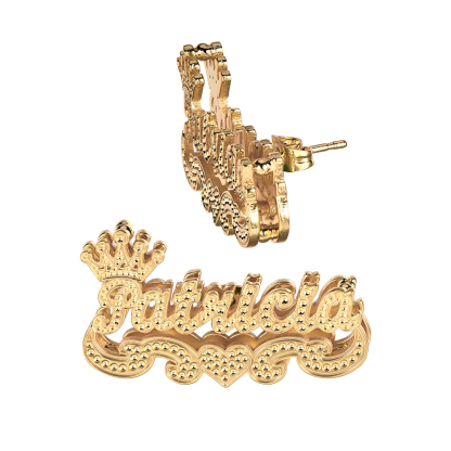 Personalized Custom Double Layer Nameplate with Crown And Heart Name Stud Earrings-silviax
