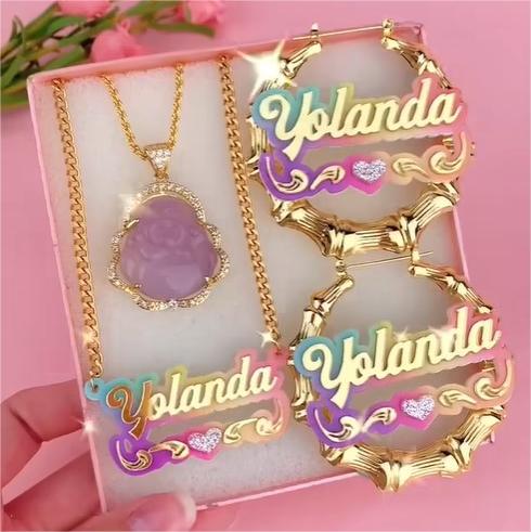 Pink Buddha Necklace Colorful Acrylic Heart Name Necklace and Bamboo Earrings Set 3pcs-silviax