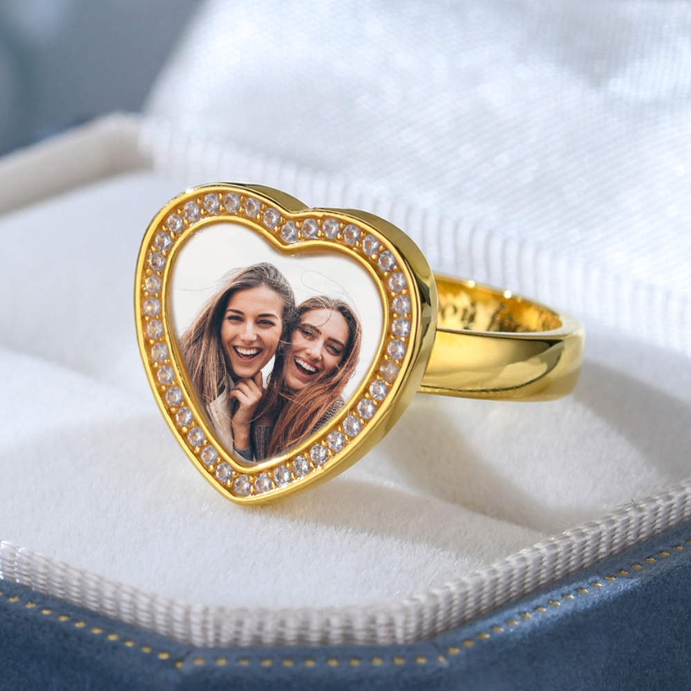 Personalized Engraved Heart Shaped Photo Ring with Cubic Zirconia Frame