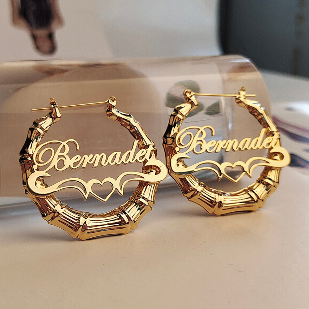 Bamboo Hoop with Heart Personalized Custom Name Earrings Gold Plated-silviax