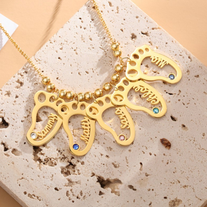 Custom 1 to 5 Names Baby Children Footprints with Birthstone Necklace Mother Gift-silviax