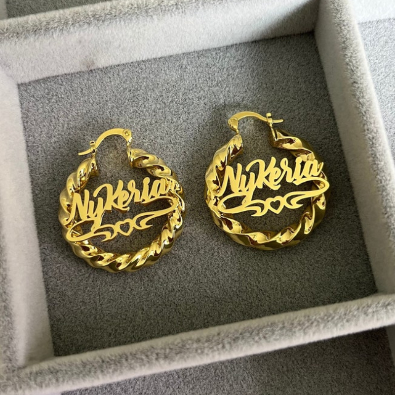 Initial Hoop Earrings with Heart Personalised Custom Gold Plated Bamboo Name Earrings 40mm-silviax