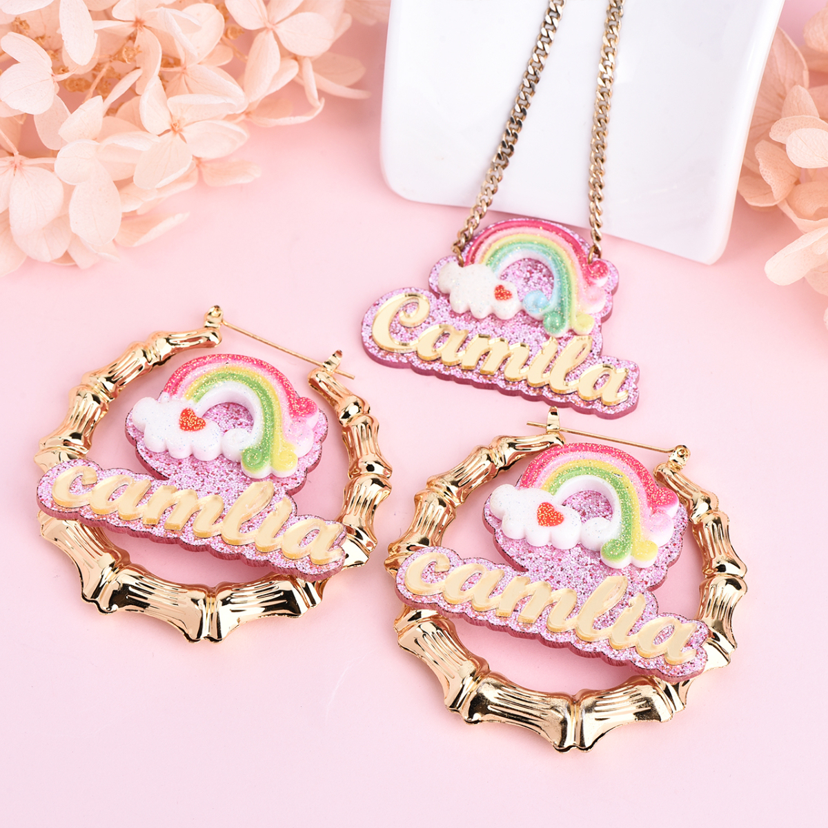 Cute Rainbow Acrylic Personalized Colorful Name Necklace and Bamboo Earrings Set-silviax
