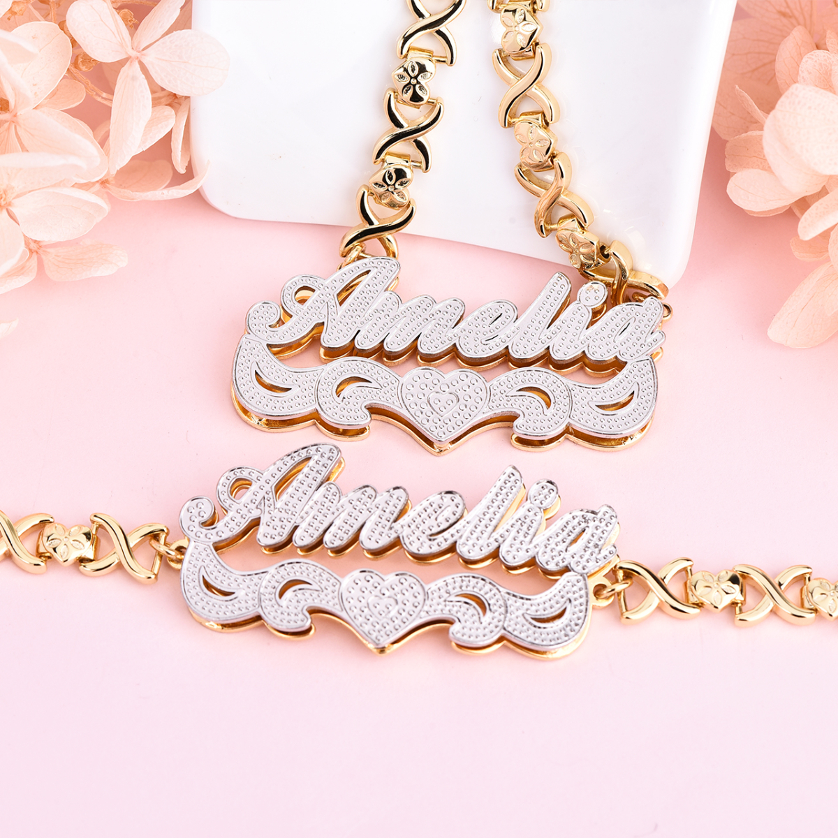 Double Layer Two-tone with Love Heart Custom Name Necklace and Bracelet Set-silviax