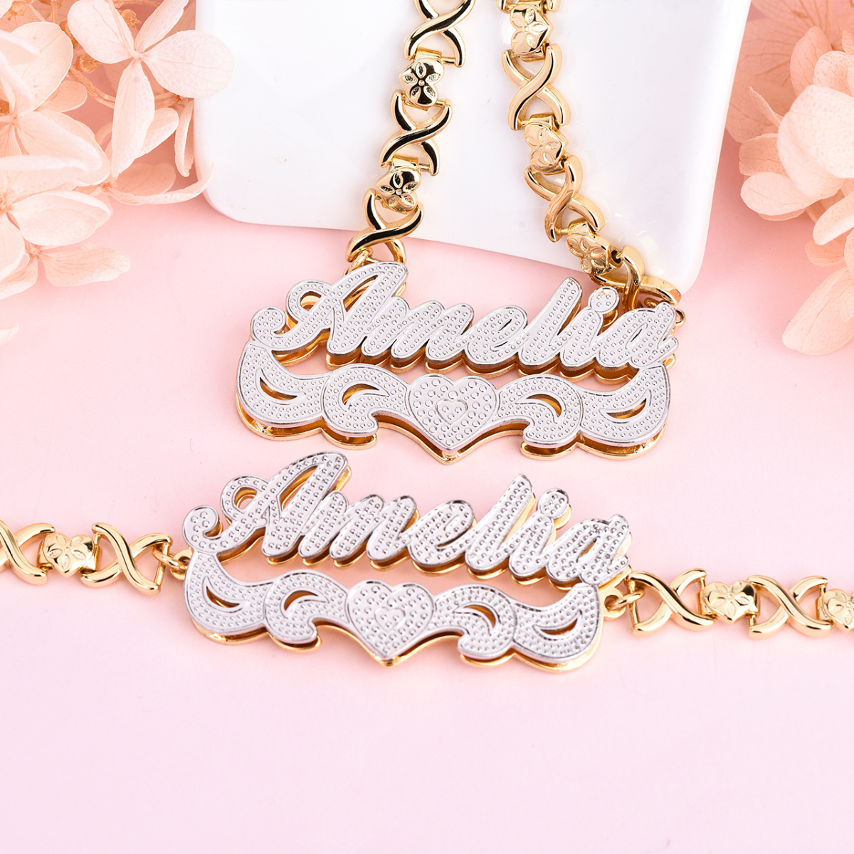 Double Layer Two-tone with Love Heart Custom Name Necklace and Bracelet Set-silviax