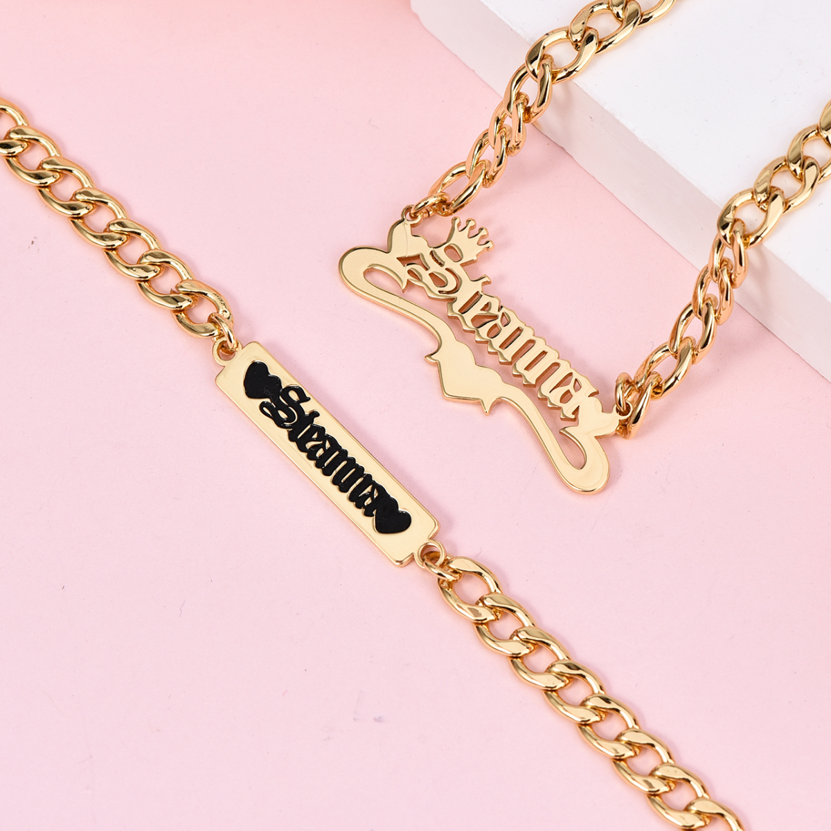 Personalized Three Heart and Crown Nameplate Necklace and Two Hearts Engraved Bar Name Bracelet Set-silviax