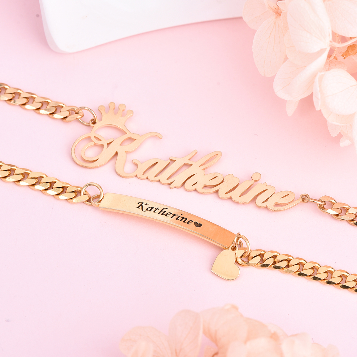 Personalized Crown and Heart Name Necklace and Bar Bracelets for Babies Kids Set-silviax