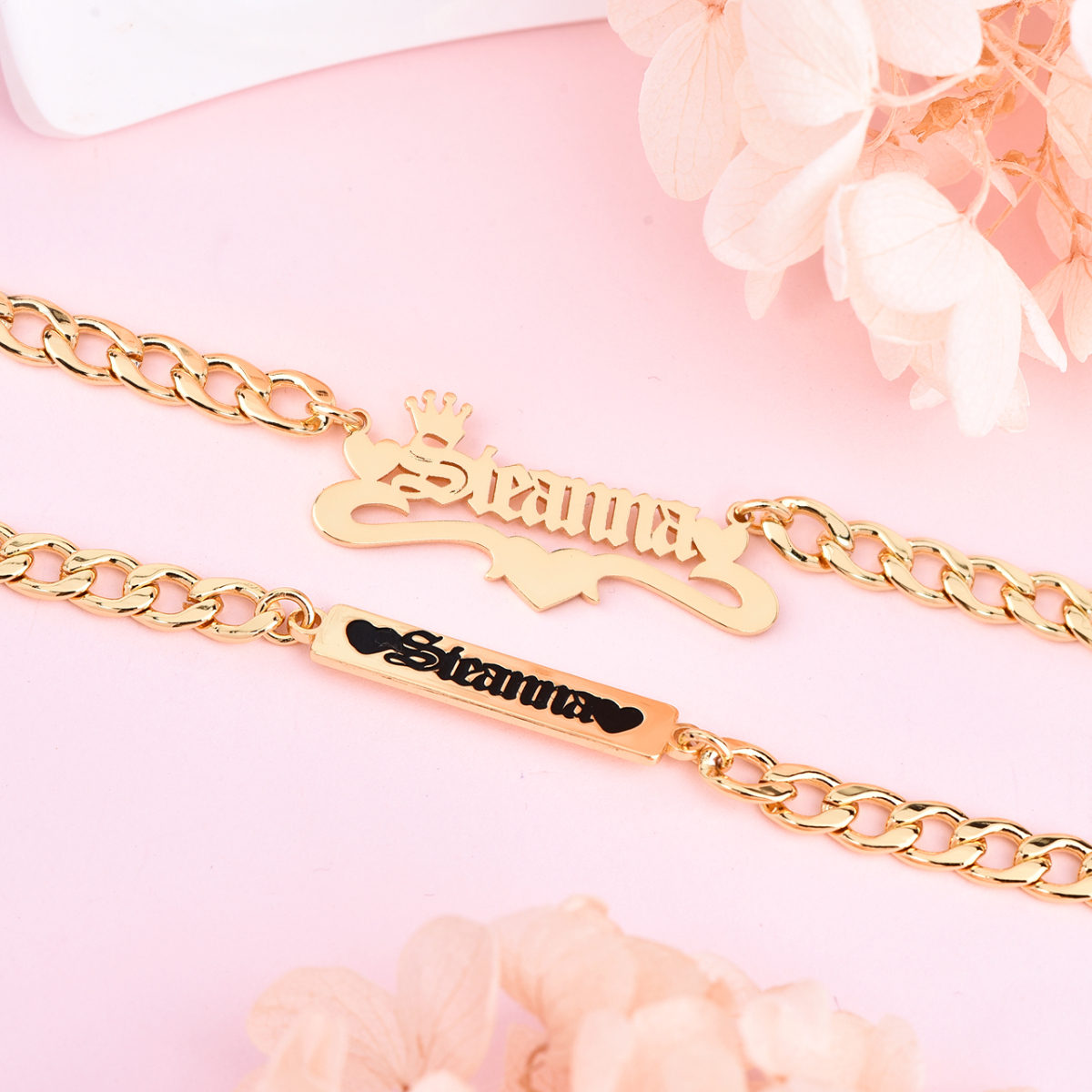 Personalized Three Heart and Crown Nameplate Necklace and Two Hearts Engraved Bar Name Bracelet Set-silviax