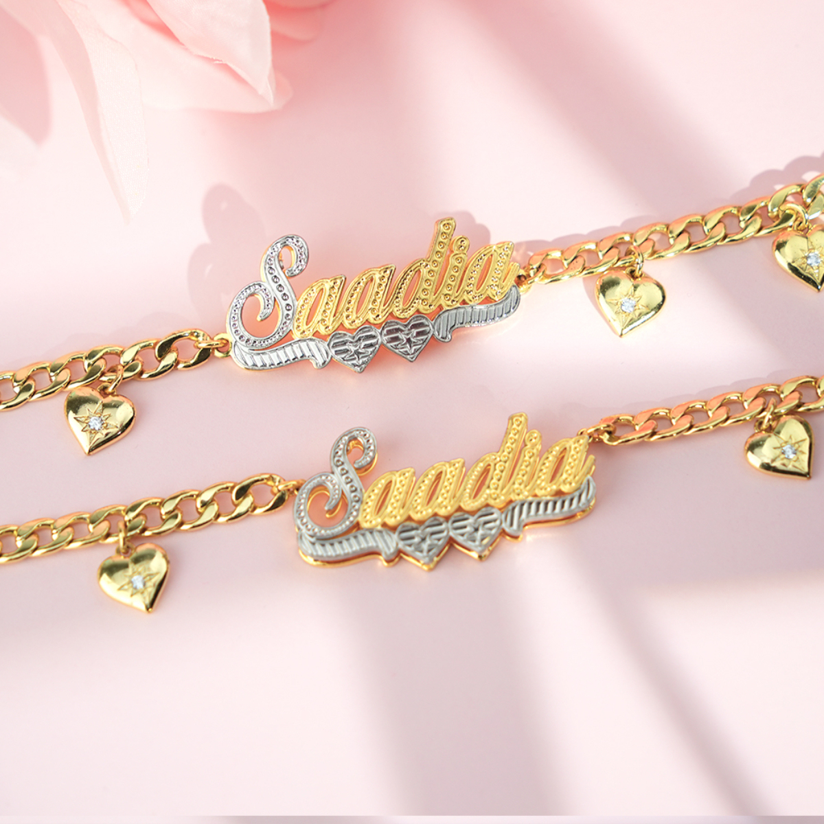 Double Layer Two Tone Two Hearts Nameplate Cuban Chain With Heart Personalized Custom Gold Plated Name Necklace And Bracelet Set-silviax
