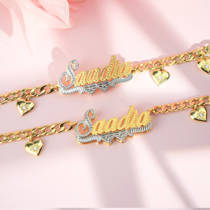 Double Layer Two Tone Two Hearts Nameplate Cuban Chain With Heart Personalized Custom Gold Plated Name Necklace And Bracelet Set-silviax
