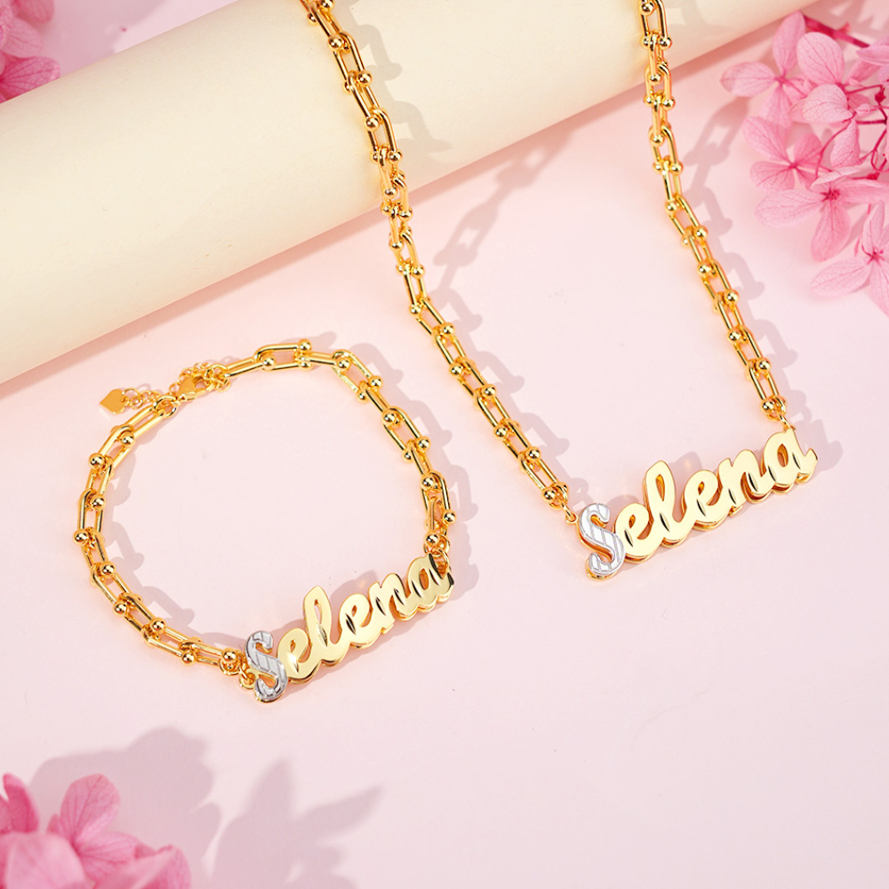 U Link Chain Two Tone Personalized Custom Set Name Necklace And Bracelet