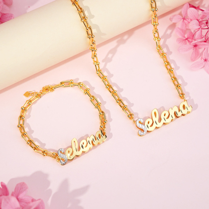 U Link Chain Two Tone Personalized Custom Set Name Necklace And Bracelet