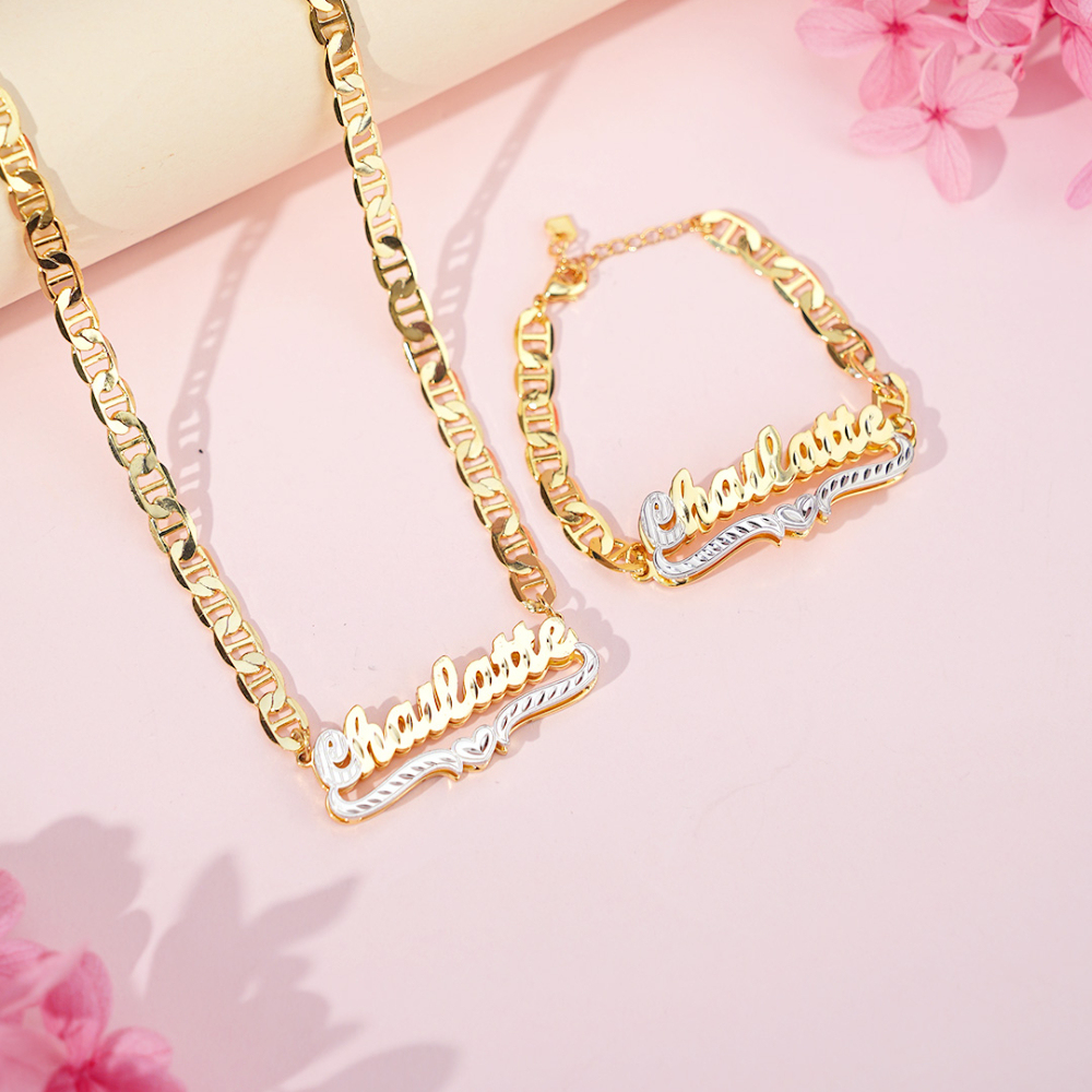 Custom Double Layer Two Tone Heart Name Necklace and Bracelet Set