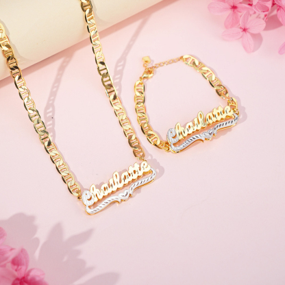 Custom Double Layer Two Tone Heart Name Necklace and Bracelet Set