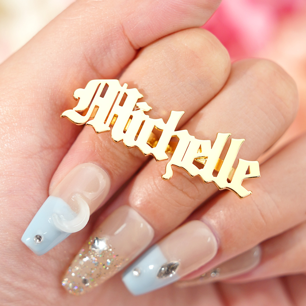 Persnalized Custom Gold Plated Double Finger Old English Font Name Ring