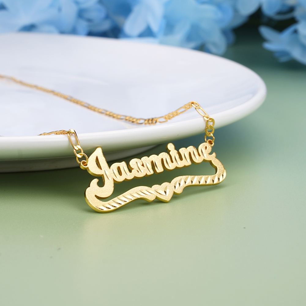 Personalized Custom Gold Plated Diamond Cut 3D Heart Name Necklace
