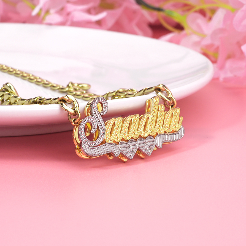 Double Layer Two Tone Two Hearts Cuban Chain With Heart Personalized Custom Gold Plated Name Necklace