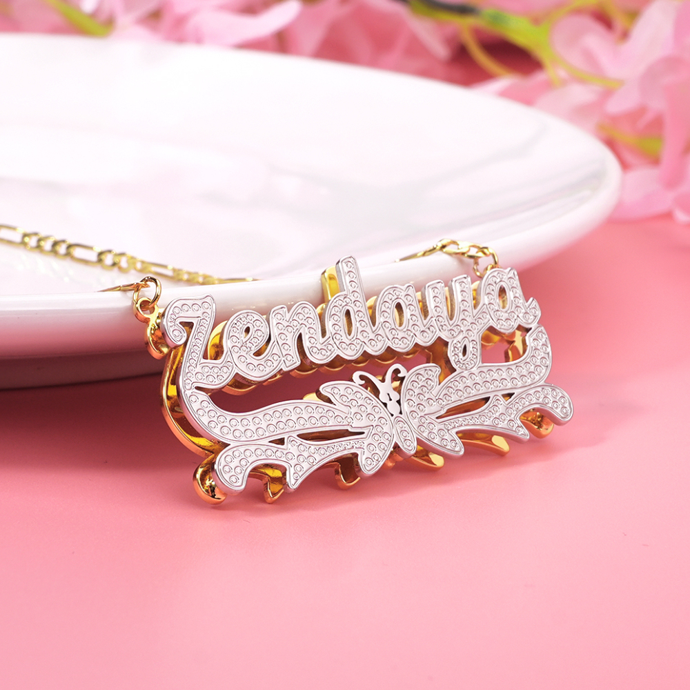 Double Layer Two Tone Butterfly Nameplate Gold Plated Personalized Custom Name Necklace