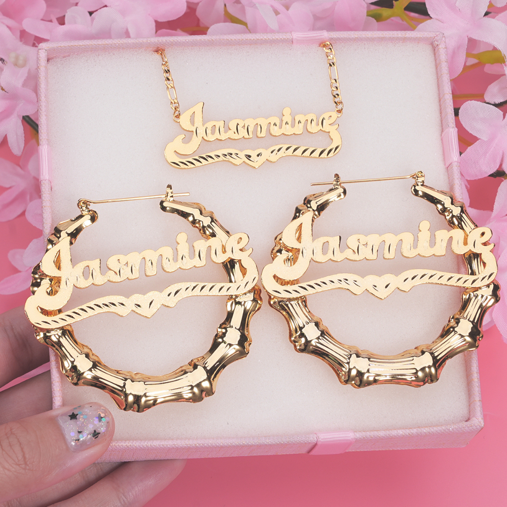 Personalized Diamond Cut Name Necklace with Heart And Nameplate Bamboo Earrings Set
