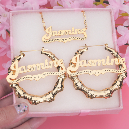 Personalized Diamond Cut Name Necklace with Heart And Nameplate Bamboo Earrings Set