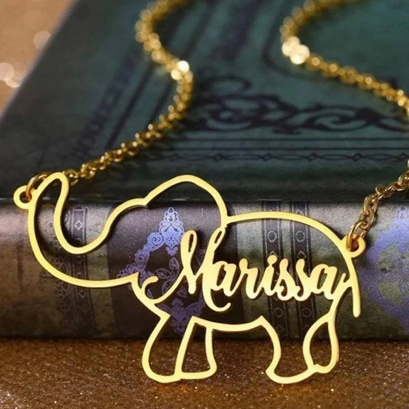 Elephant Nameplate Pendant Personalized Custom Gold Plated Name Neckla