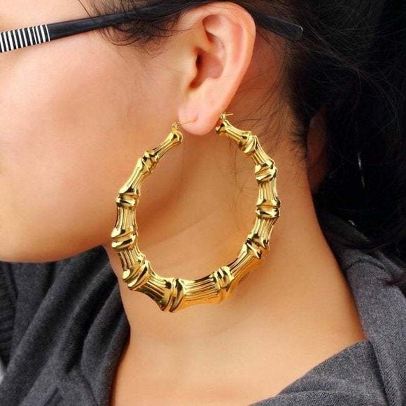 Women's Gold Plated Bamboo Hoop Earrings-silviax
