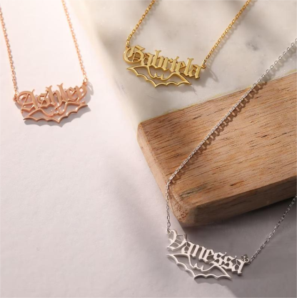 Halloween Gothic Tiny Bat Personalized Custom Gold Plated Name Necklace-silviax