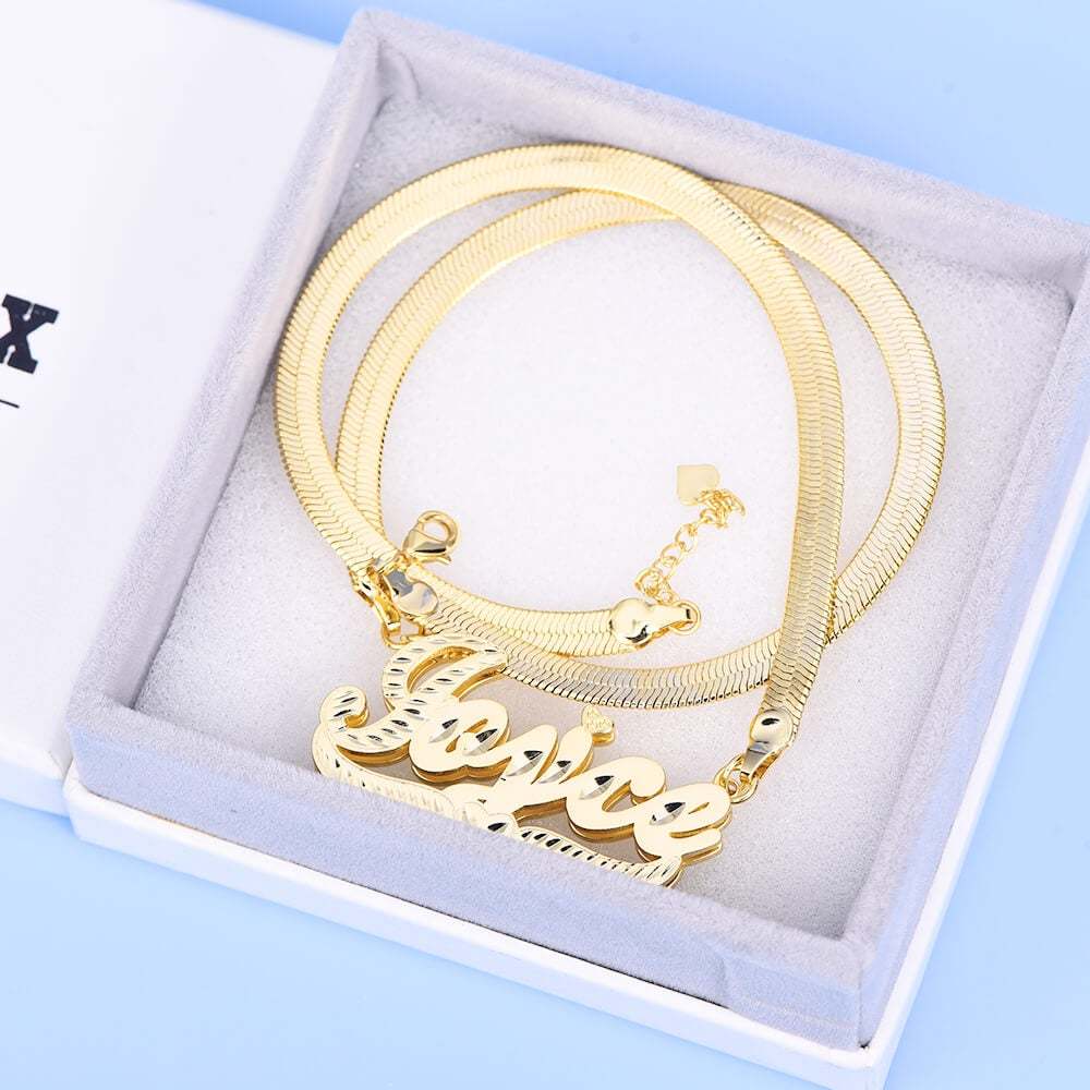 Double Layer Nameplate With Heart Pendant Personalized Custom Gold Plated Name Necklace Snake Chain-silviax
