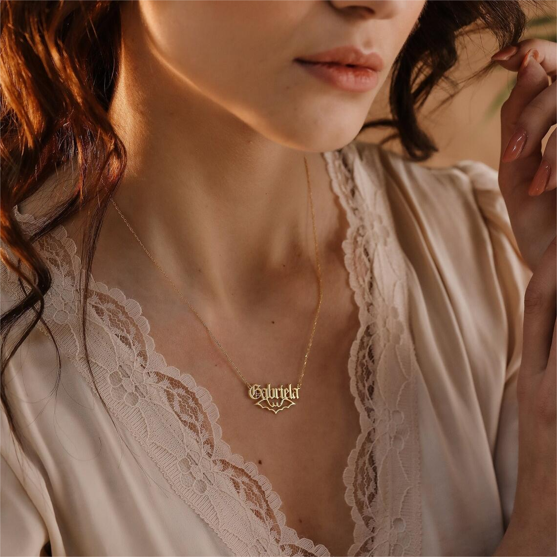 Halloween Gothic Tiny Bat Personalized Custom Gold Plated Name Necklace-silviax