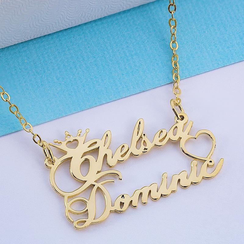 Crown 2 Name Heart Gold Plated Personalized Name Necklace-silviax