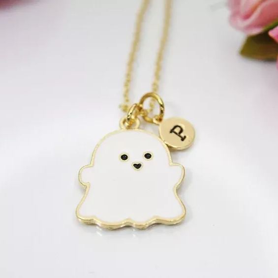 Halloween Cute Ghost Pendant Personalized Custom Initial Letter Necklace