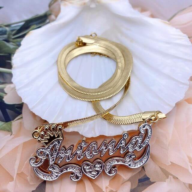 Double Layer Two Tone Crown Heart with Snake Chain Personalized Custom Gold Plated Name Necklace-silviax