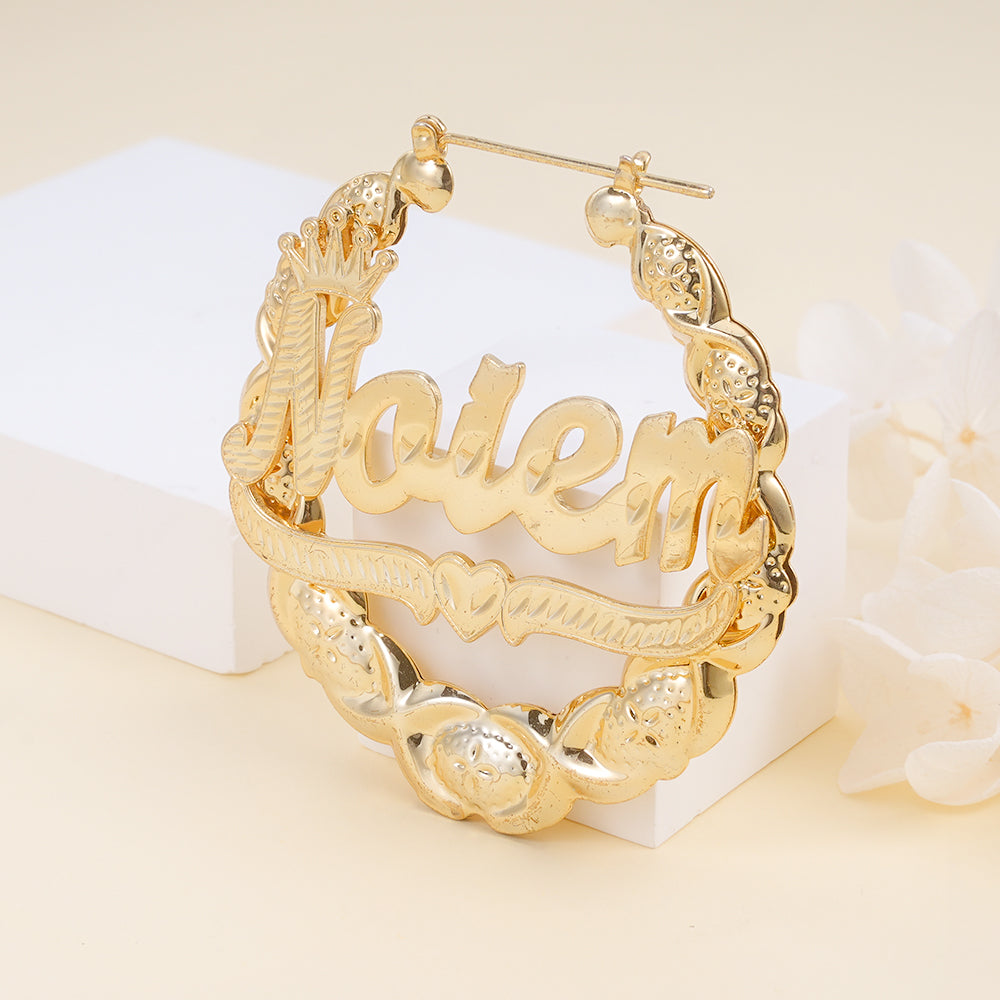 XOXO Bamboo Earrings with Crown Heart Personalized Custom Gold Plated Name Earrings-silviax