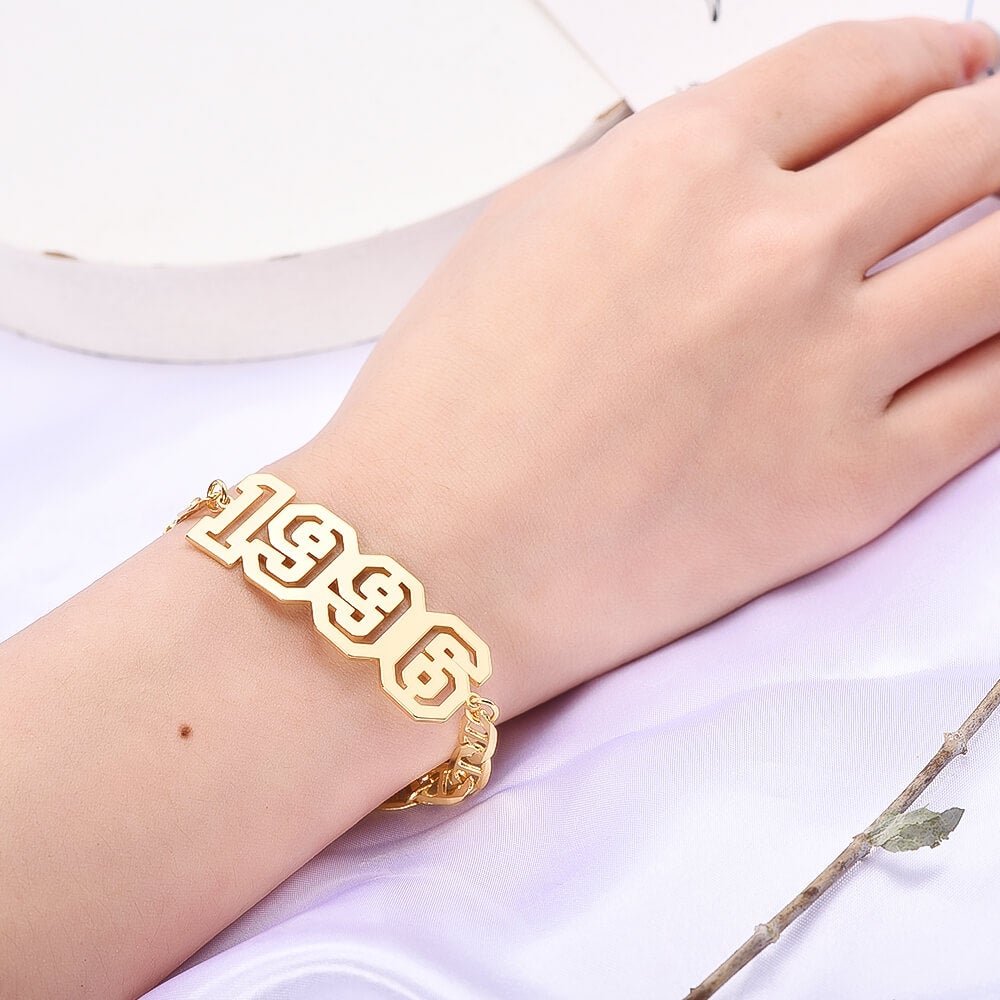 Hollow Number Year Name Plate Personalized Custom Gold Plated Necklace And Bracelet Set-silviax