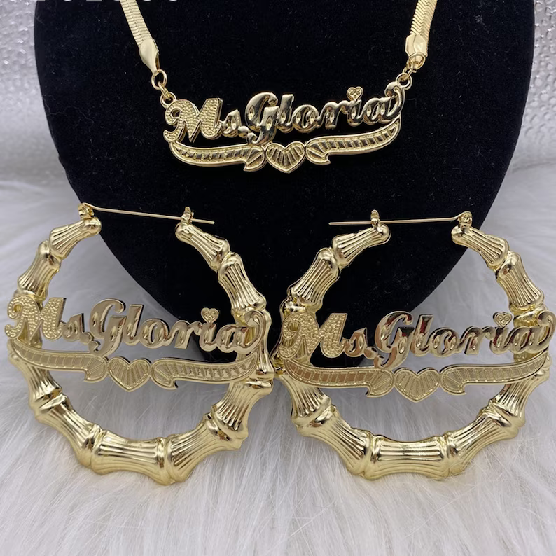 Double Layer Heart Nameplate with Herringbone Snake Chain Name Necklace And Bamboo Earrings Set-silviax