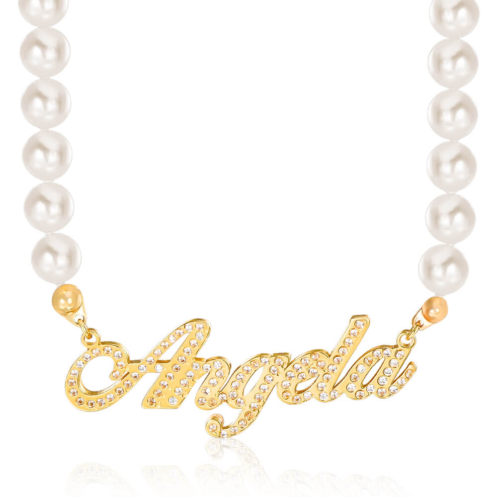 Inlaid Zircon Personalized Custom Name Pearl Necklace-silviax