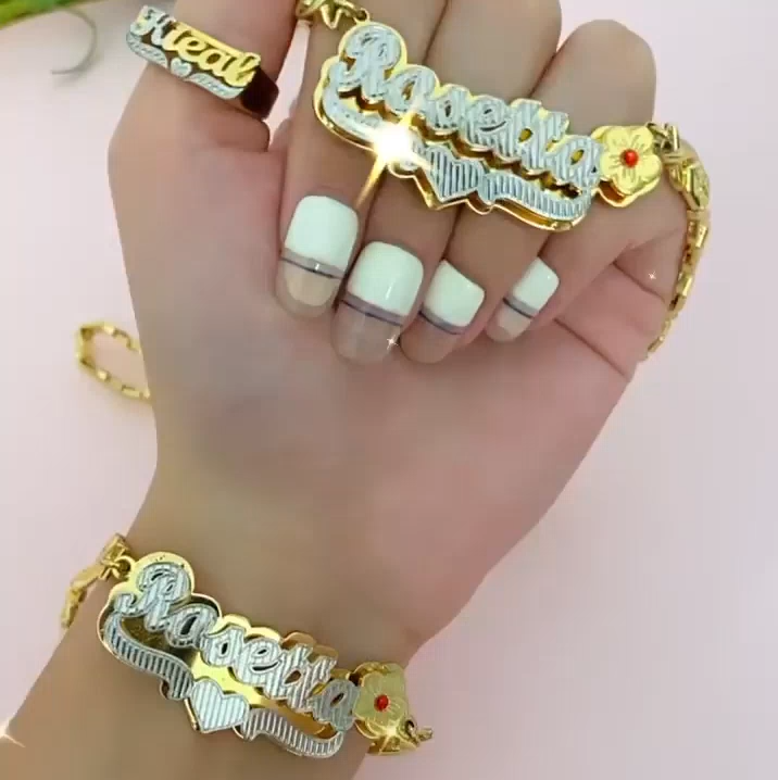 Flower Birthstone and Heart Double Plate Two Tone with XOXO Chain Personalized Custom Gold Plated Name Necklace Bracelet Set-silviax
