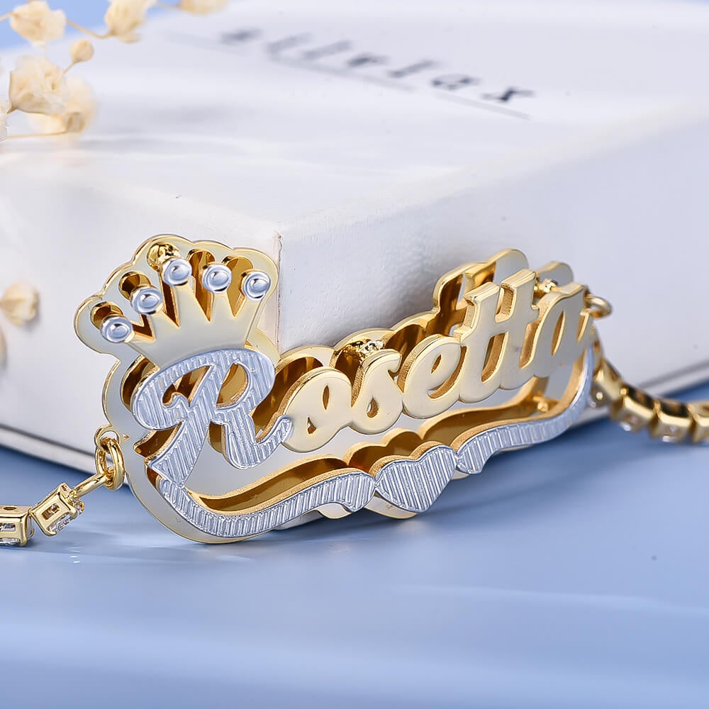 Double Plate Two Tone Crown Heart Nameplate with Tennis Chain Personalized Custom Gold Plated Name Bracelet-silviax