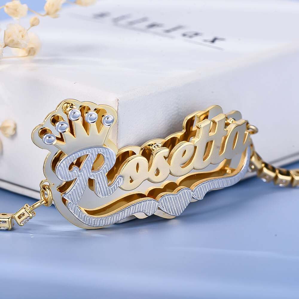 Double Plate Two Tone Crown Heart Nameplate with Tennis Chain Personalized Custom Gold Plated Name Bracelet-silviax