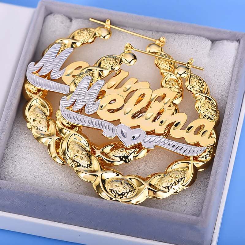 Two Tone XOXO Bamboo Earrings with Heart Personalized Custom Gold Plated Name Earrings-silviax