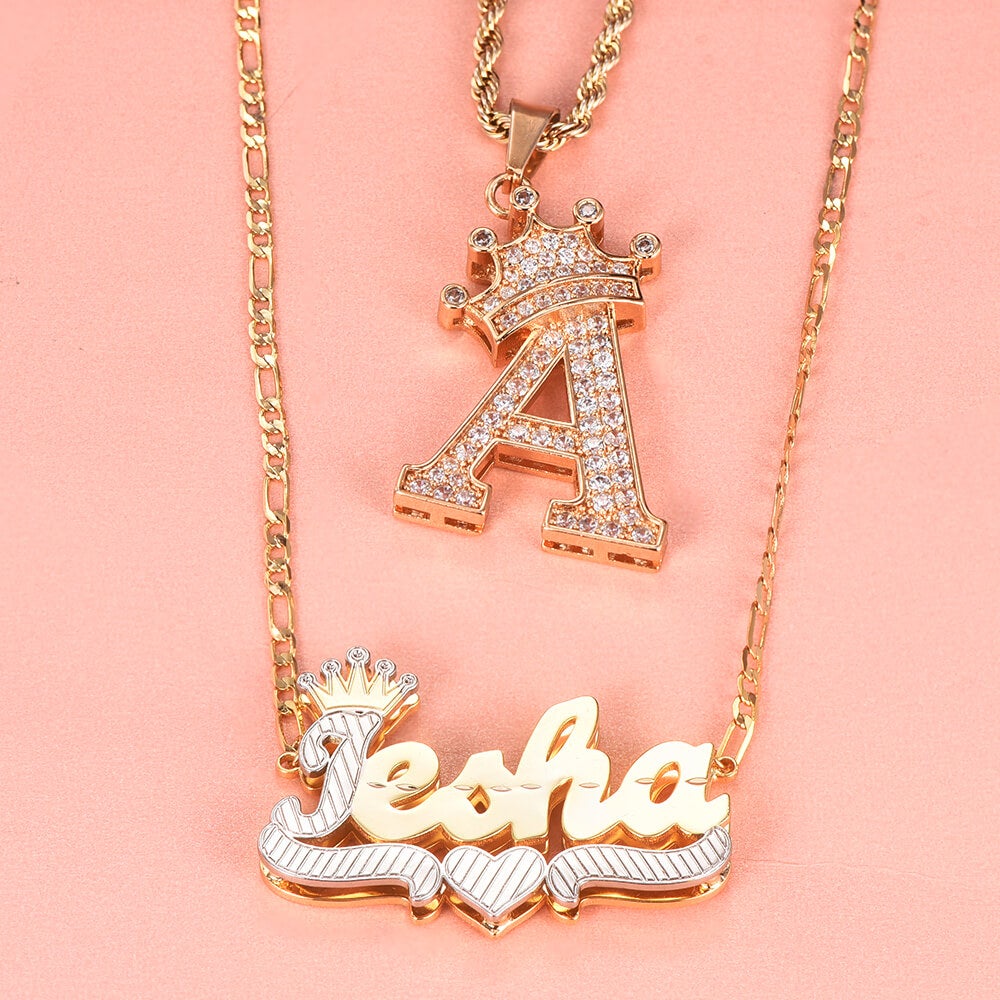 Crown Custom Letter Initial Necklace and Two Tone Double Layer Name Necklace Gold Plated Set-silviax