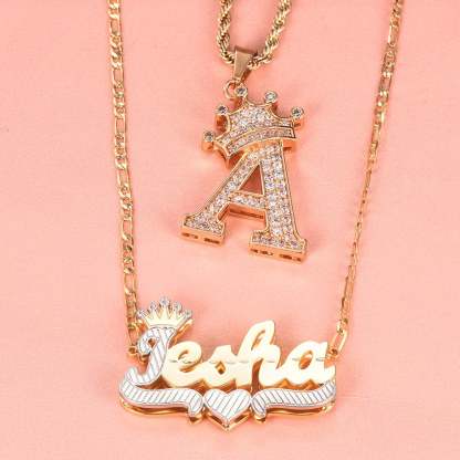 Crown Custom Letter Initial Necklace and Two Tone Double Layer Name Necklace Gold Plated Set-silviax
