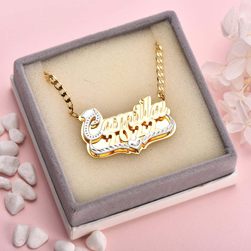 Double Plate Two Tone with Heart Personalized Graduation Cap Name and Year Necklace-silviax