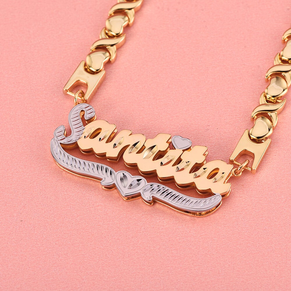 Double Layer Two Tone Heart Personalized Nameplate XOXO Chain Custom Gold Plated Name Necklace-silviax