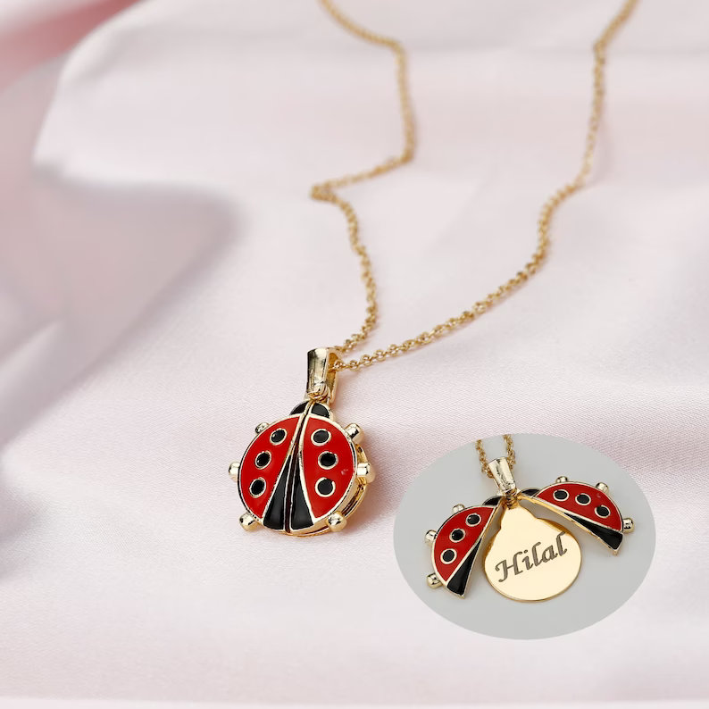Ladybug Pendant Personalized Custom Gold Plated Openable Lucky Name Necklace Gift For Women